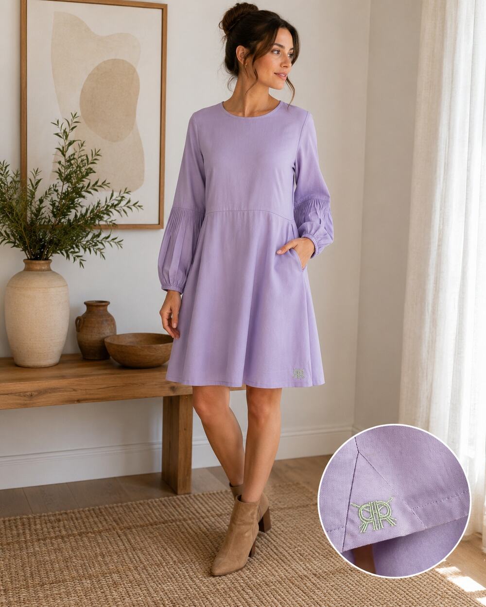 Double R & Raviratan Lavender Purple A-Line Dress Balloon Sleeve Pockets